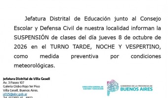 SUSPENSI�N DE CLASES: TURNOS TARDE, VESPERTINO Y NOCHE